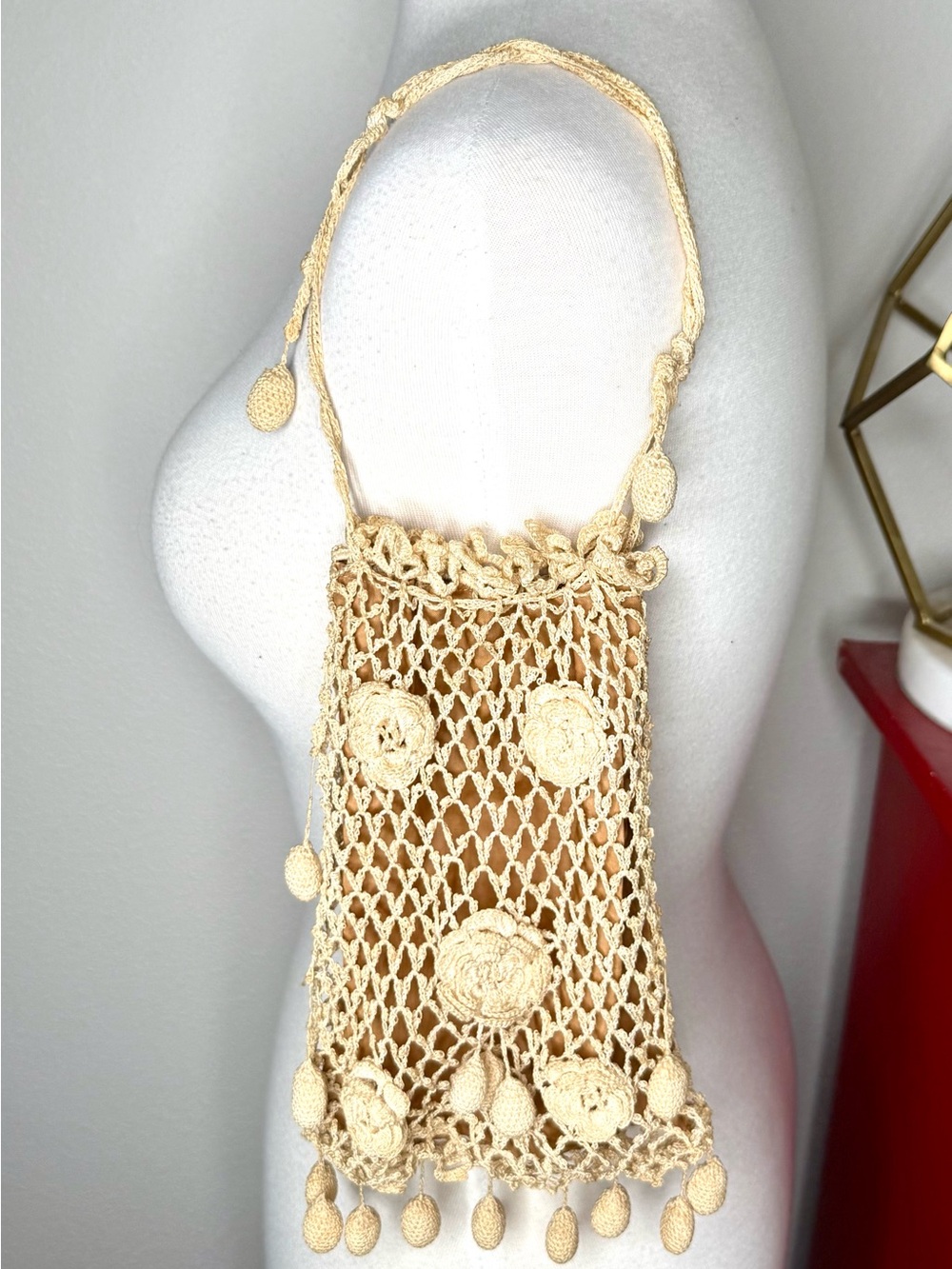 Antique Edwardian Crochet Pochette Reticule Bag Floral Appliqué Drawstring Purse